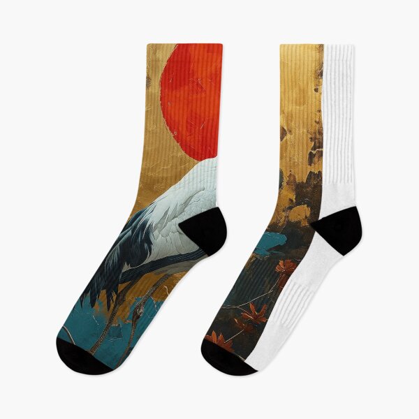 Item preview, Crane standing in turquoise water with a red sun designed and sold by Rockwpapart.