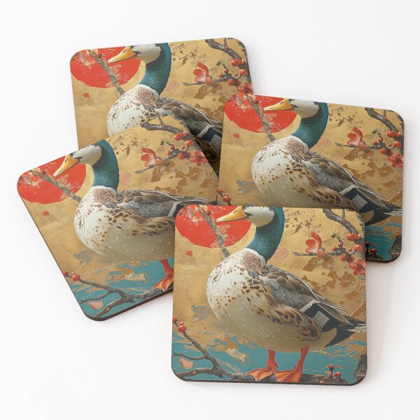 Item preview, Duck in nature Standing in turquoise water with red sun designed and sold by Rockwpapart.