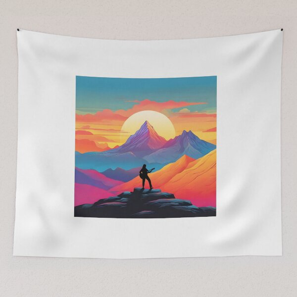 Item preview, majestic mountain landscape with a lone guitarist designed and sold by design-store77.