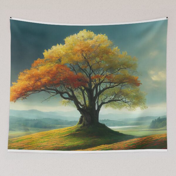 Item preview, Destination Autumn Idyll - Sticker Relaxing view of a colorful solitary tree in a hilly landscape designed and sold by pod24.