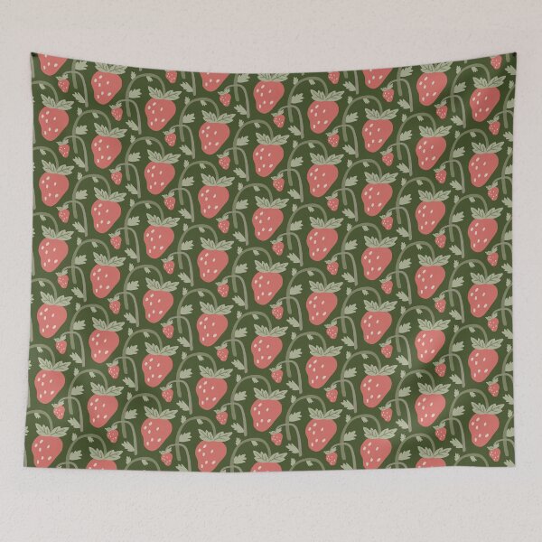 Item preview, Red strawberry pattern on dark green designed and sold by Miss-Belle.