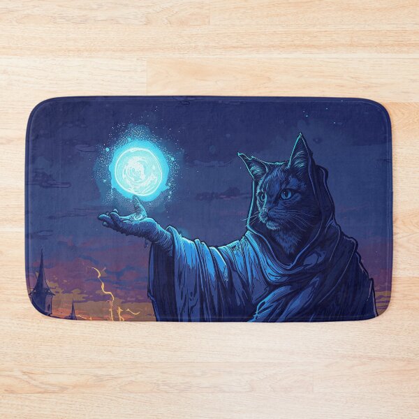 Item preview, Cat sorcerer casting light spell to highlight his surroundings in the medieval town designed and sold by EpicFantasy.