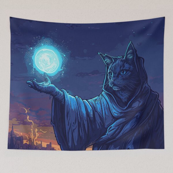 Item preview, Cat sorcerer casting light spell to highlight his surroundings in the medieval town designed and sold by EpicFantasy.