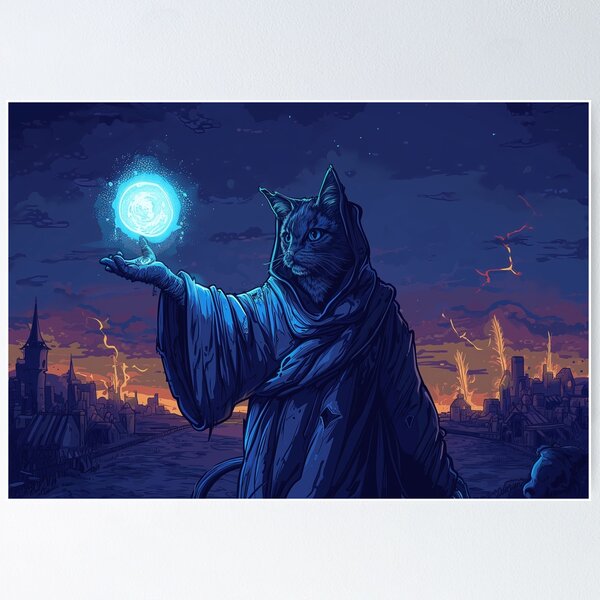 Item preview, Cat sorcerer casting light spell to highlight his surroundings in the medieval town designed and sold by EpicFantasy.