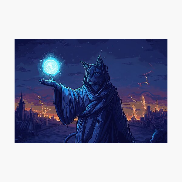 Item preview, Cat sorcerer casting light spell to highlight his surroundings in the medieval town designed and sold by EpicFantasy.