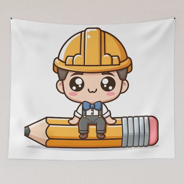 Item preview, Kawaii Engineer Wearing A Tool-Themed Bowtie Sitting On A Giant Pencil designed and sold by CanvasCutie.