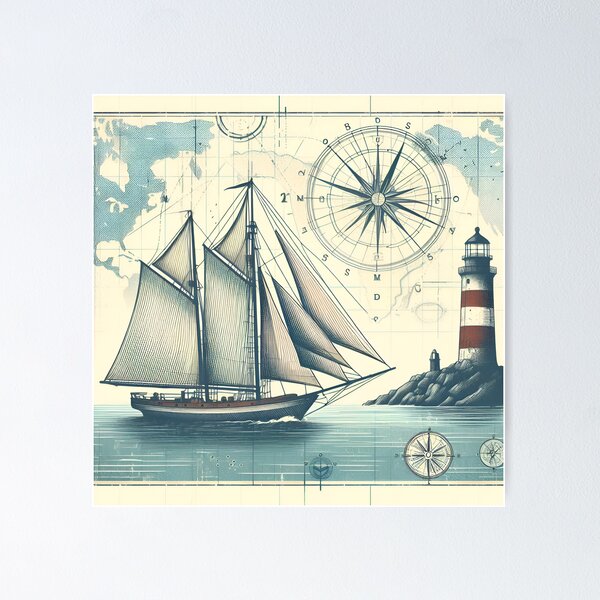 Item preview, Vintage Nautical Sailboat Map designed and sold by Blended Designs ⭐⭐⭐⭐⭐.