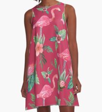 Flamingo Watercolor painting with Protea, Hibiscus and Palms A-Line Dress