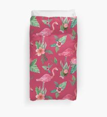 Flamingo Watercolor painting with Protea, Hibiscus and Palms Duvet Cover