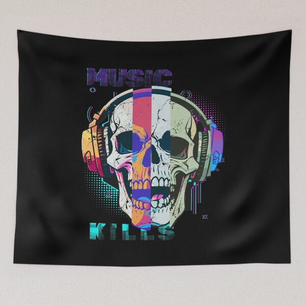 Item preview, Music Kills, glitch skull in headphones designed and sold by dmtdc.