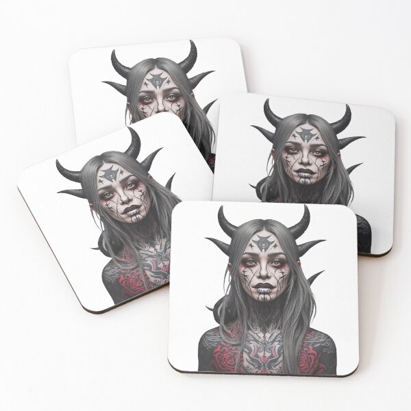 Item preview, Portrait of a tattooed vampire woman with horns designed and sold by Frostquest.
