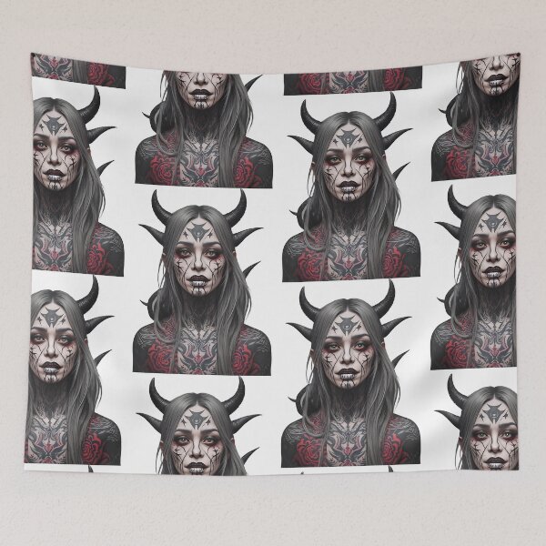 Item preview, Portrait of a tattooed vampire woman with horns designed and sold by Frostquest.