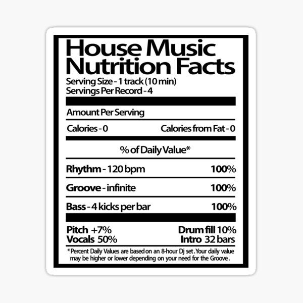 Artikel-Vorschau von Nährwertangaben für House-Musik, designt und verkauft von StrictlyDesigns.