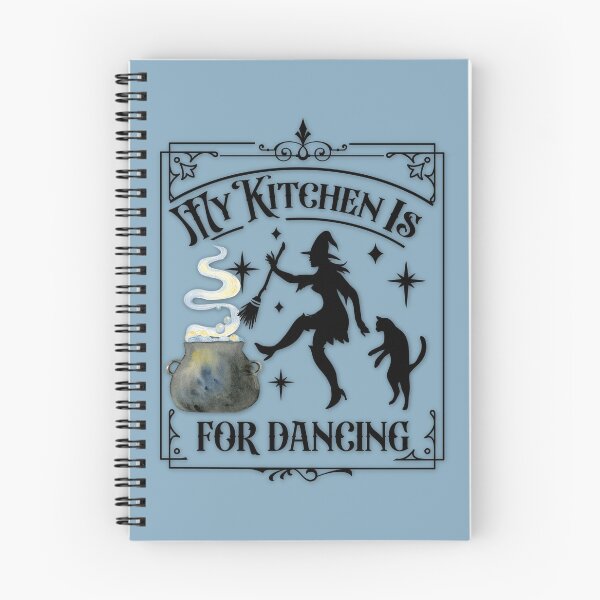 Item preview, Boho Dusty Blue, Cottagecore - My Kitchen is for Dancing, Kitchen Witchery, Kitchen Witch, Familiar Kitty, Cauldron and Spells, Cute Witch designed and sold by Alaska Magick.