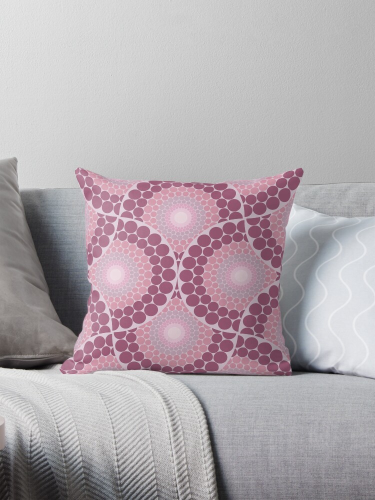 Pillow, Radiant Dusky Rose Dot Mandala Mirrored Scallop designed and sold by Triplicate Limited