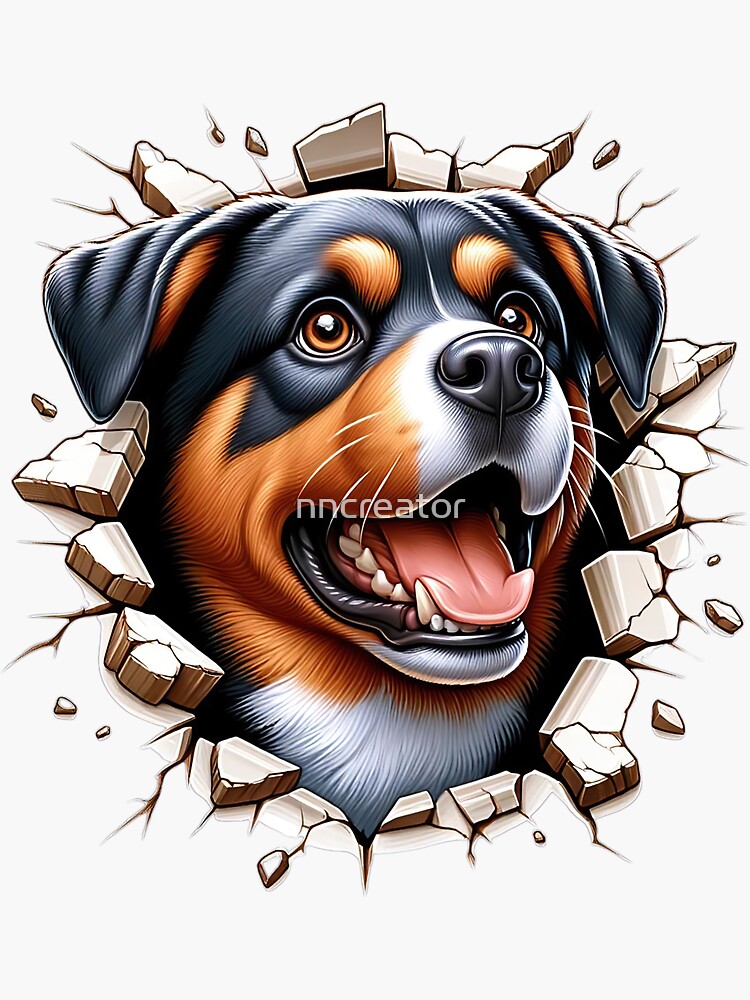 Thumbnail 3 of 3, Sticker, Dynamic Canine Breakthrough: Rottweiler's Joyful Escape designed and sold by nncreator.