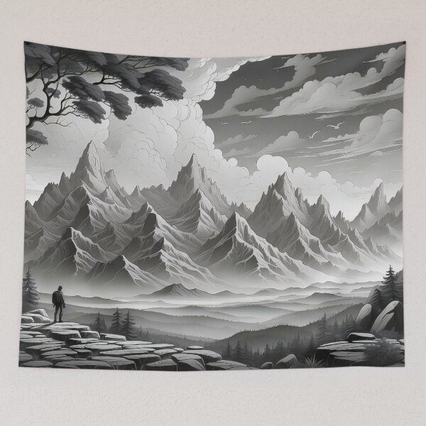 Item preview, Solitary Figure Amidst Monochrome Mountain Majesty designed and sold by ArtComixHaven.