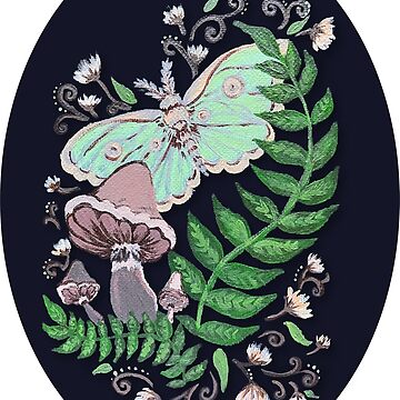 Artwork thumbnail, Oval Evening Garden Scene with Luna Moth and Mushrooms by Bekah Grace