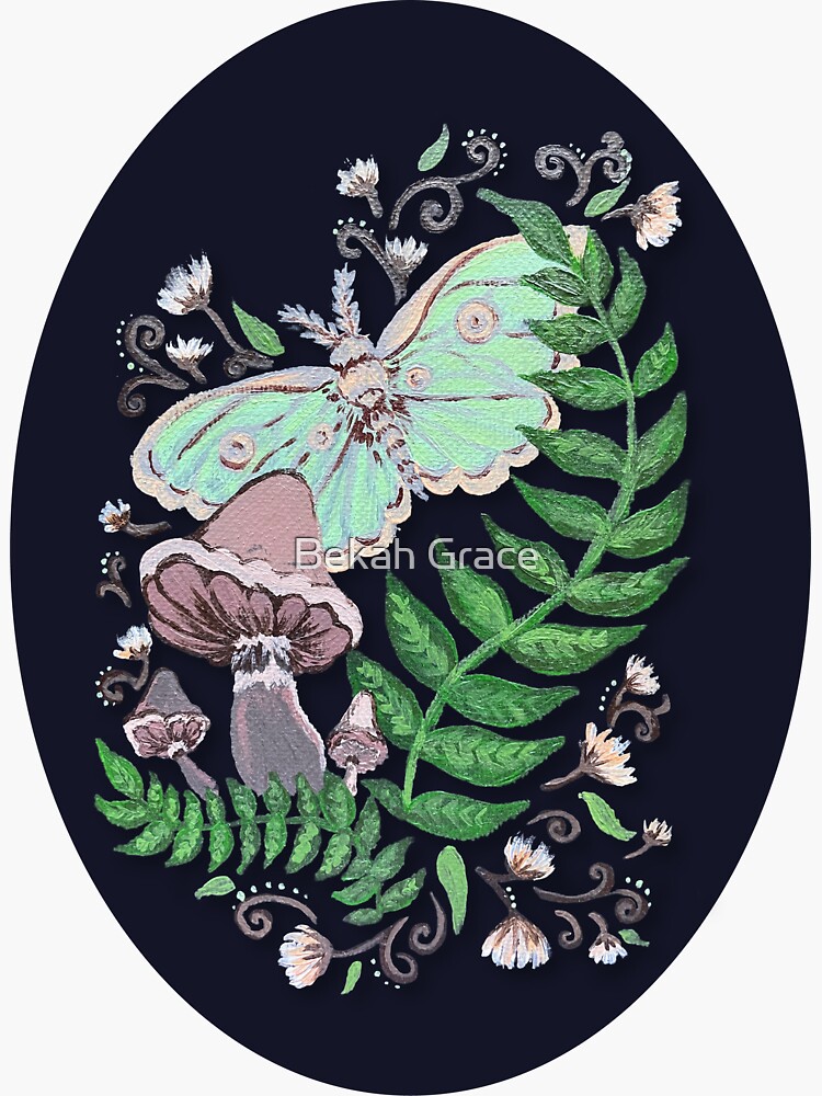 Thumbnail 3 of 3, Sticker, Oval Evening Garden Scene with Luna Moth and Mushrooms designed and sold by Bekah-Grace.