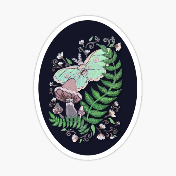 Oval Evening Garden Scene with Luna Moth and Mushrooms Sticker