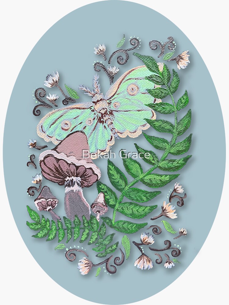 Thumbnail 3 of 3, Sticker, Morning Garden Scene with Luna Moth and Mushrooms designed and sold by Bekah-Grace.