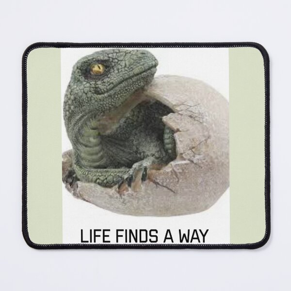 Item preview, baby dinosaur hatching from egg with title"life finds a way" designed and sold by Bubududu1234.