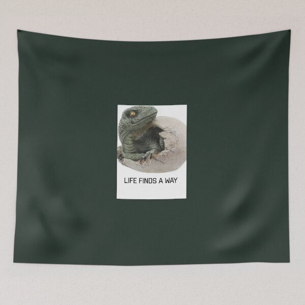 Item preview, baby dinosaur hatching from egg with title"life finds a way" designed and sold by Bubududu1234.