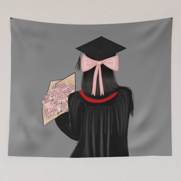 Item preview, Black Hair Graduate Coquette Student with Pink Roses designed and sold by SMillustrations.