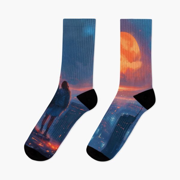 Item preview, Awestruck Couple Overlooking a Futuristic City While the Sun Sets designed and sold by EmilyFNM3D.