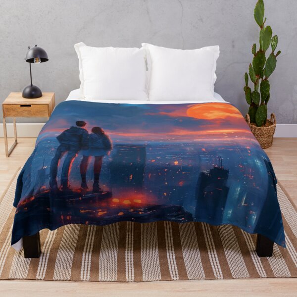 Item preview, Awestruck Couple Overlooking a Futuristic City While the Sun Sets designed and sold by EmilyFNM3D.