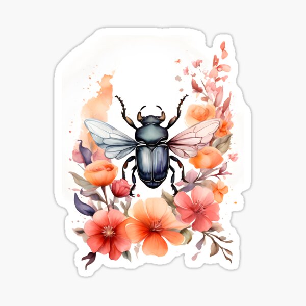 Watercolor Beetle Flying Amidst Flowers Sticker