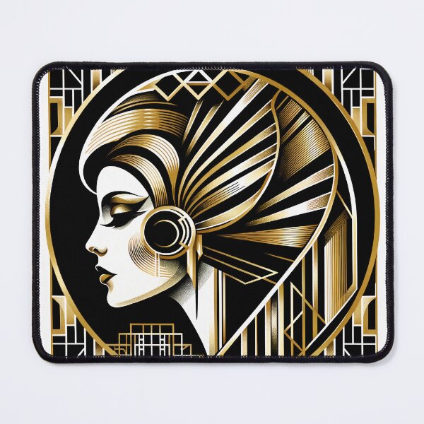 Item preview, Portrait in the style of Art Deco, depicting a woman's profile with geometric patterns, and in gold and black colors designed and sold by AndreaMart.