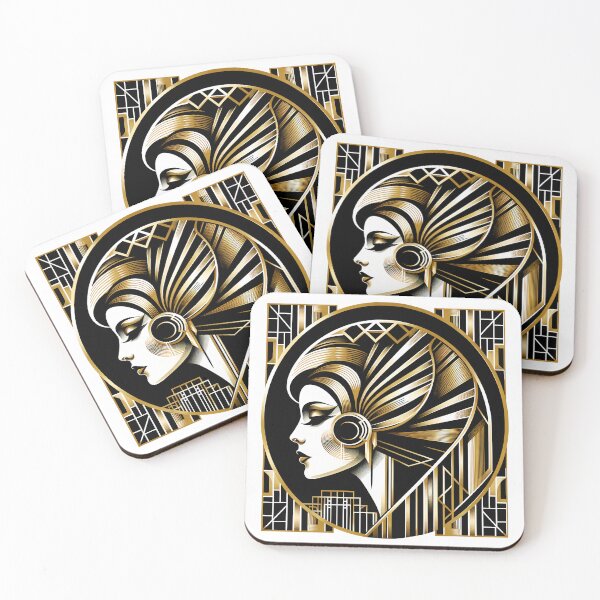 Item preview, Portrait in the style of Art Deco, depicting a woman's profile with geometric patterns, and in gold and black colors designed and sold by AndreaMart.