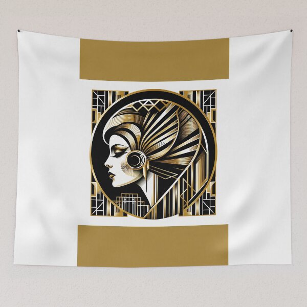 Item preview, Portrait in the style of Art Deco, depicting a woman's profile with geometric patterns, and in gold and black colors designed and sold by AndreaMart.