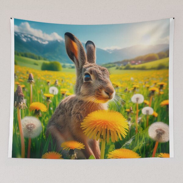 Item preview, A hare in  a spring field with dandelions and spring sunshine designed and sold by kathleenjean.