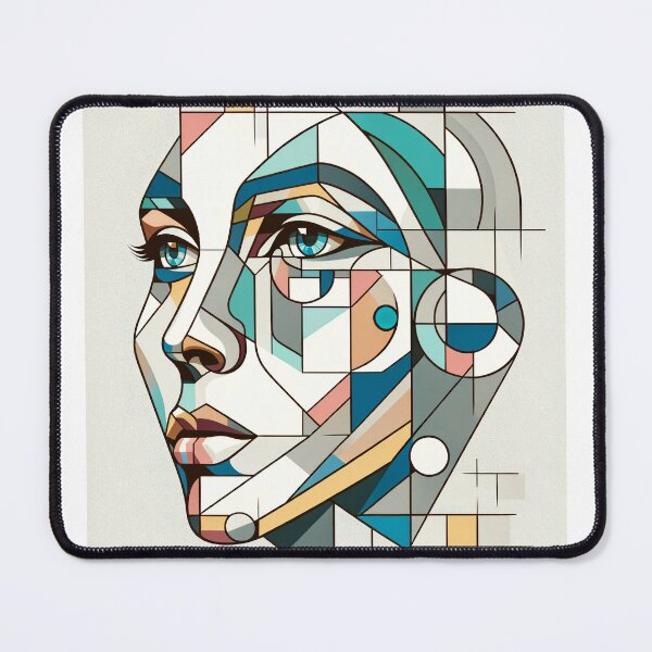 Item preview, Portrait of a female face composed of various geometric shapes, such as squares, triangles, and circles, in pastel colors designed and sold by AndreaMart.