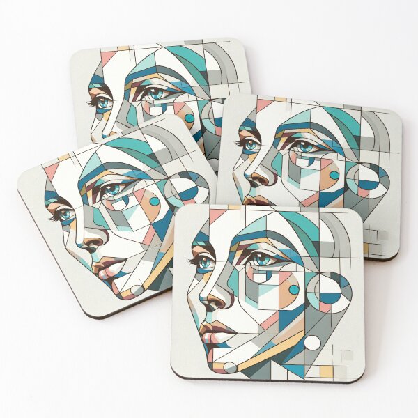 Item preview, Portrait of a female face composed of various geometric shapes, such as squares, triangles, and circles, in pastel colors designed and sold by AndreaMart.