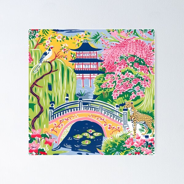 Item preview, Chinoiserie Monet garden with cheetah and Blue pagoda designed and sold by SophieClimaArt.