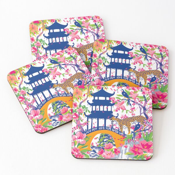 Item preview, Guepardo, pájaros y flores de muy buen gusto en un jardín chinoiserie rosa y azul designed and sold by SophieClimaArt.