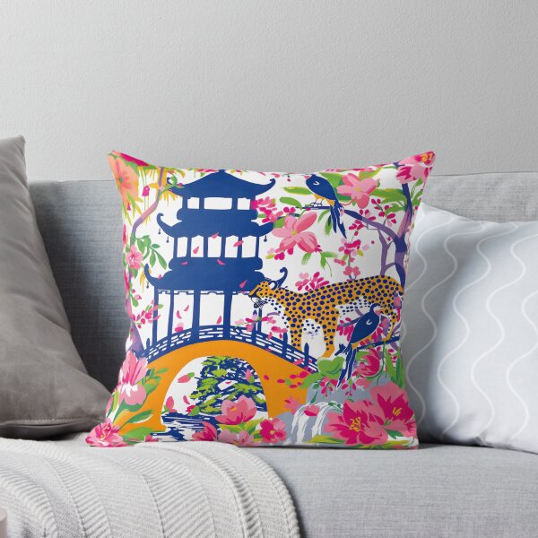 Item preview, Preppy cheetah, birds and flowers in pink and blue chinoiserie garden designed and sold by SophieClimaArt.