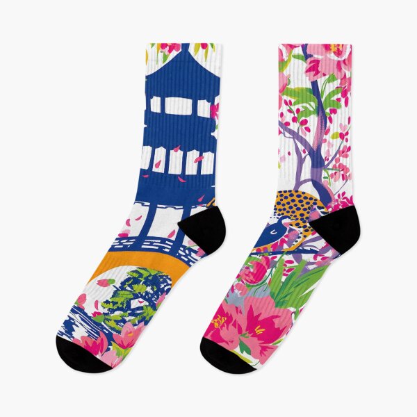 Item preview, Preppy cheetah, birds and flowers in pink and blue chinoiserie garden designed and sold by SophieClimaArt.
