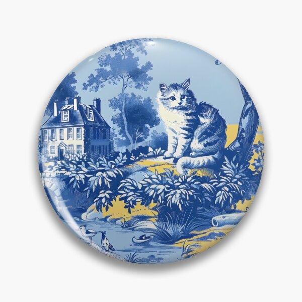 Item preview, Whimsical cats French toile de jouy in blue and yellow designed and sold by SophieClimaArt.