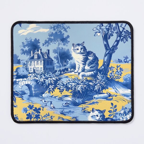 Item preview, Whimsical cats French toile de jouy in blue and yellow designed and sold by SophieClimaArt.