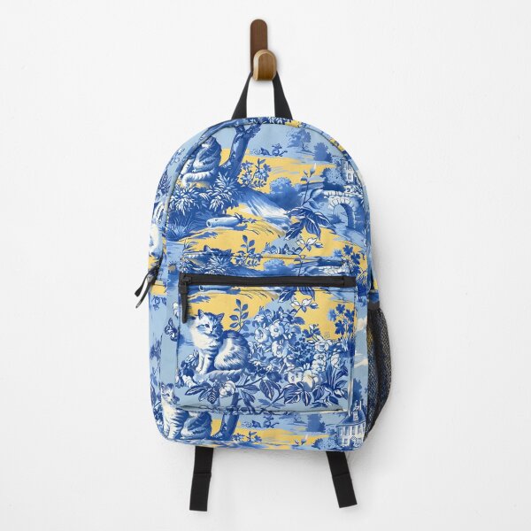 Item preview, Whimsical cats French toile de jouy in blue and yellow designed and sold by SophieClimaArt.