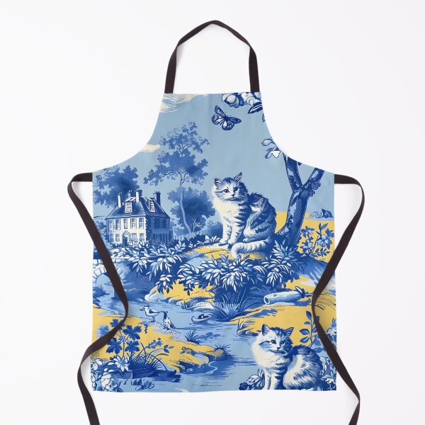 Item preview, Whimsical cats French toile de jouy in blue and yellow designed and sold by SophieClimaArt.