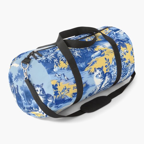 Item preview, Whimsical cats French toile de jouy in blue and yellow designed and sold by SophieClimaArt.