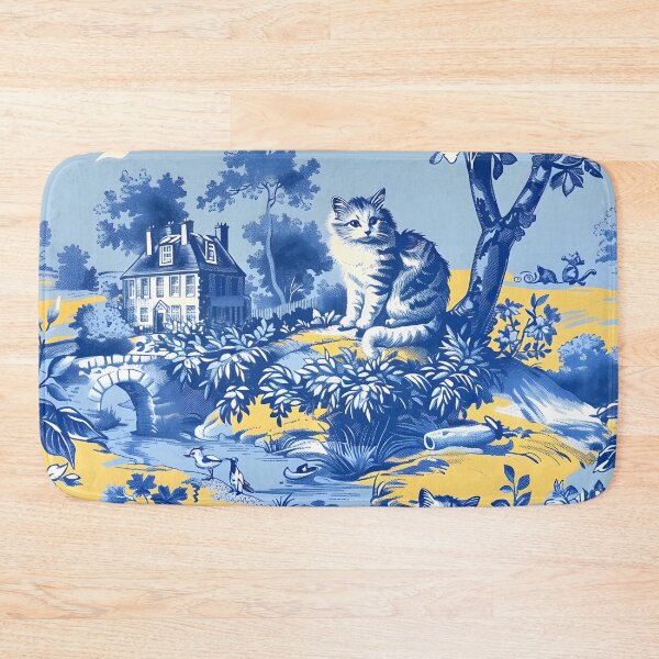 Item preview, Whimsical cats French toile de jouy in blue and yellow designed and sold by SophieClimaArt.