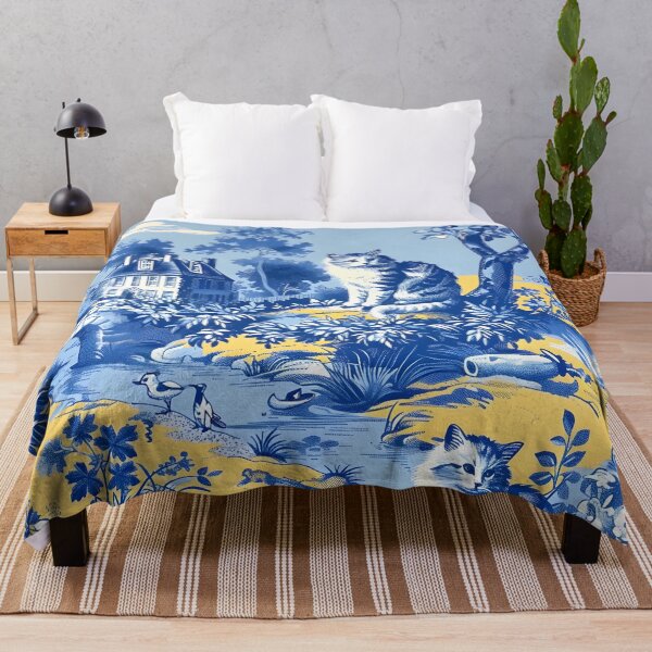 Item preview, Whimsical cats French toile de jouy in blue and yellow designed and sold by SophieClimaArt.