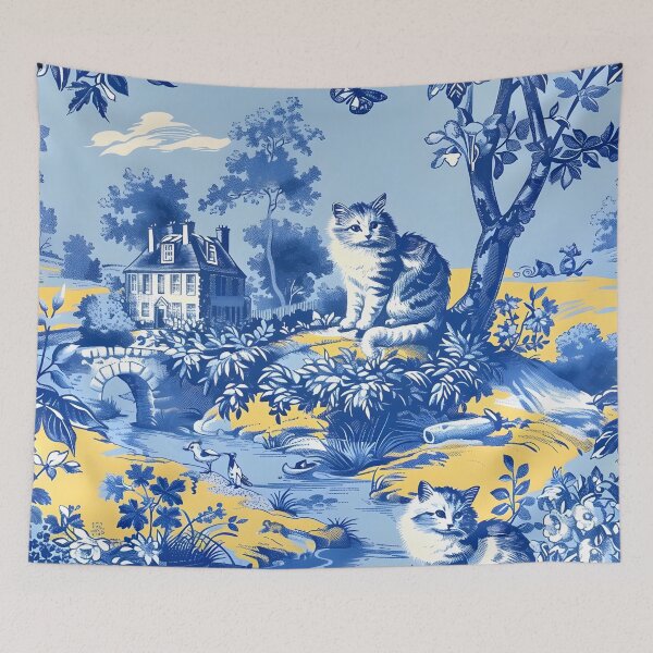 Item preview, Whimsical cats French toile de jouy in blue and yellow designed and sold by SophieClimaArt.