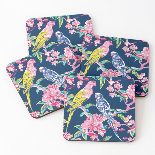 Item preview, Loros de muy buen gusto en ramas de magnolia en colores vibrantes sobre fondo azul marino designed and sold by SophieClimaArt.
